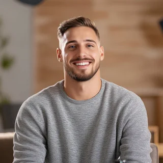 Illustrative testimonial portrait of a smiling man in a dark shirt